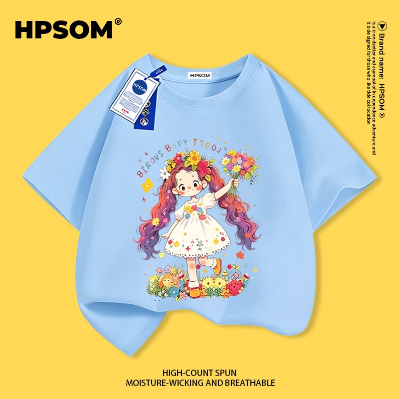 [จัดส่งภายในกทม. วันเดียว] เด็กแสงสีฟ้าผ้าฝ้ายแท้ระบายอากาศเสื้อยืดบรรยากาศการ์ตูนทาสีสาวน้อยไร้เดียงสารูปแบบน่ารัก3-16ปีหลวมสบายๆแขนสั