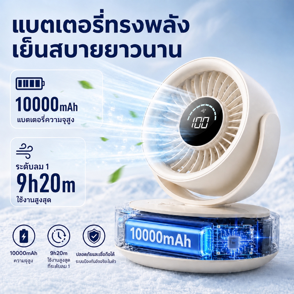 พัดลมพกพา 10000mAh ชาร์จ USB ได้ ลมแรง เงียบ แบตอึด พัดลมมินิตั้งโต๊ะ สำหรับออฟฟิศ บ้าน แคมป์ปิ้ง