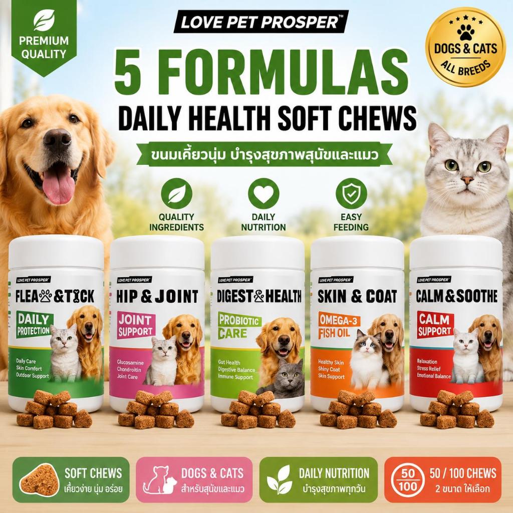 LOVE PET PROSPER Pet Soft Chews for Dogs & Cats | Omega 3 Fish Oil | Probiotic | Joint Support | Calm Care | Daily Protection 50/100 Chews