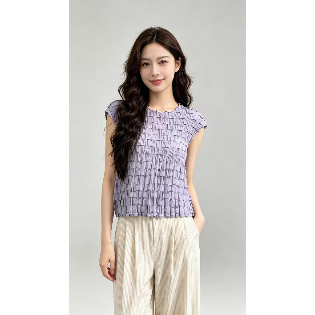 จีบแขนกุดด้านบนฤดูร้อน Issey Miyake สไตล์ผู้หญิงหลวม Slimmer ดูเสื้อเชิ้ตขนาดเล็กขายดี