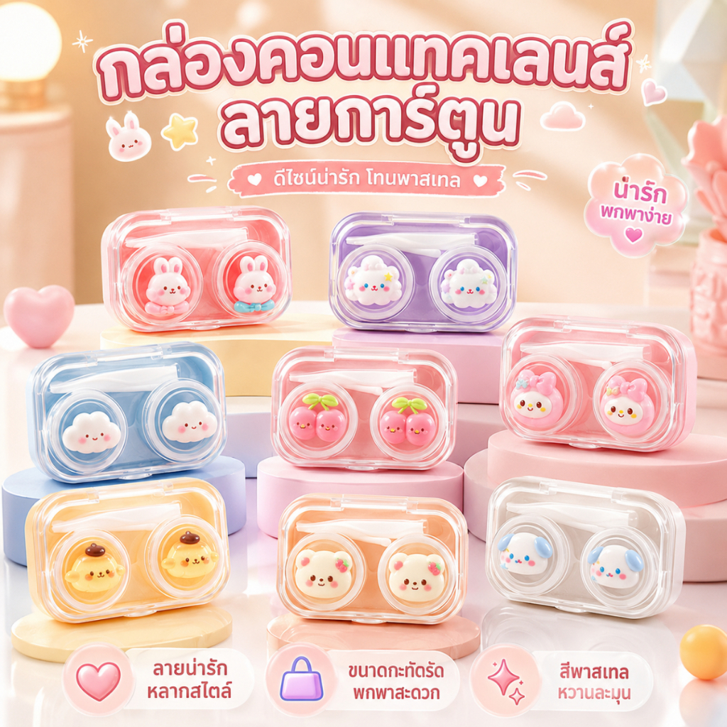 กล่องใส่คอนแทคเลนส์ ตลับคอนแทคเลนส์ลายการ์ตูน กล่องเก็บคอนแทคเลนส์โปร่งใส น่ารัก พกพาง่าย A00144