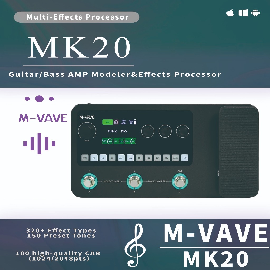 M-VAVE MK-20 กีตาร์/เบส Multi-effects Pedal Processor 320 ประเภท 128 กลอง + ANN Neural Modeling