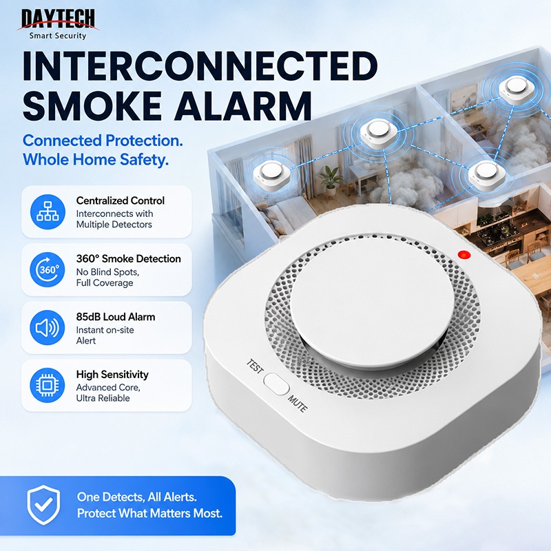 Daytech เครื่องตรวจจับควัน RF เชื่อมต่อกันควันนาฬิกาปลุก 5 ปีแบตเตอรี่ Photoelectric Sensor 85dB Fire Alarm Home Protection SM03