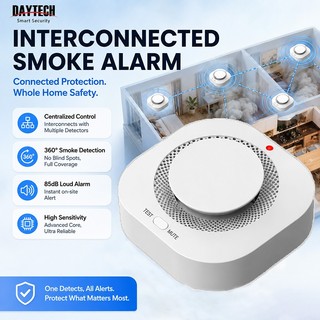 Daytech เครื่องตรวจจับควัน RF เชื่อมต่อกันควันนาฬิกาปลุก 5 ปีแบตเตอรี่ Photoelectric Sensor 85dB Fire Alarm Home Protection SM03