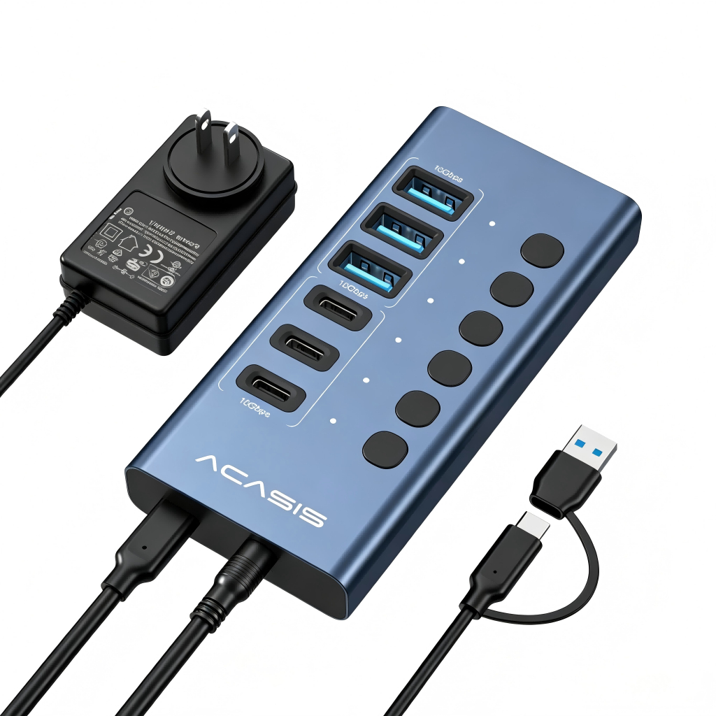 ACASIS 6 พอร์ต 10Gpbs USB3.2 Hub 3 * USB-A & 3 * ประเภท C 3.2 HUB สนับสนุน BC1.2 ชาร์จ 12V4A อะแดปเตอร์อลูมิเนียม Type-C Splitter สําหรับ Macbook อุปกรณ์เสริมเดสก์ท็อป