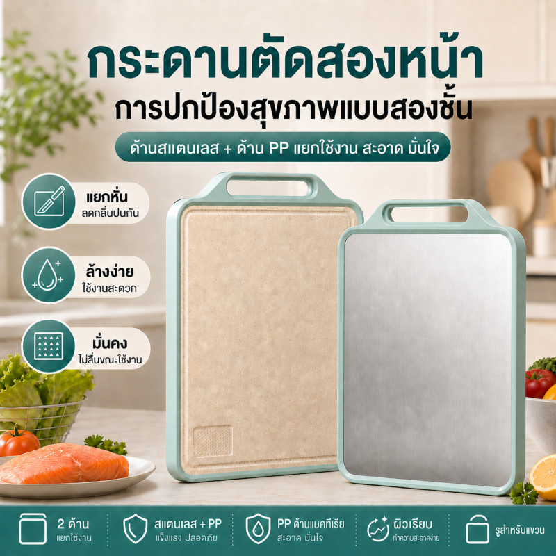 เขียงสองด้าน ทำจากสแตนเลสและ PP เกรดอาหาร ป้องกันแบคทีเรีย กันลื่น ทำความสะอาดง่าย เหมาะสำหรับหั่นผัก ผลไม้ และเนื้อสด