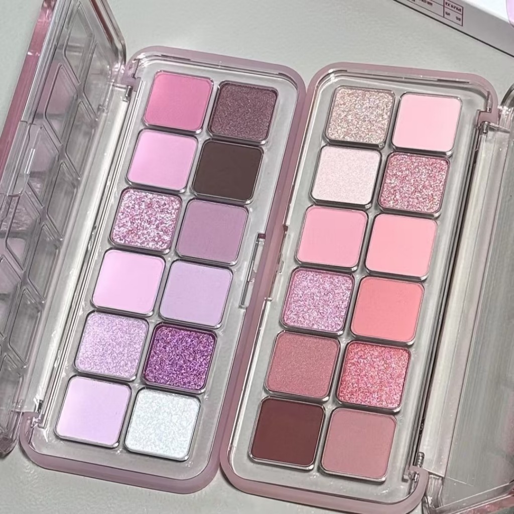 พาเลตต์อายแชโดว์สีชมพูและม่วง12สี/สำหรับใช้ในชีวิตประจำวัน/เนื้อชิมเมอร์/แป้งละเอียด ให้สีชัดเจน