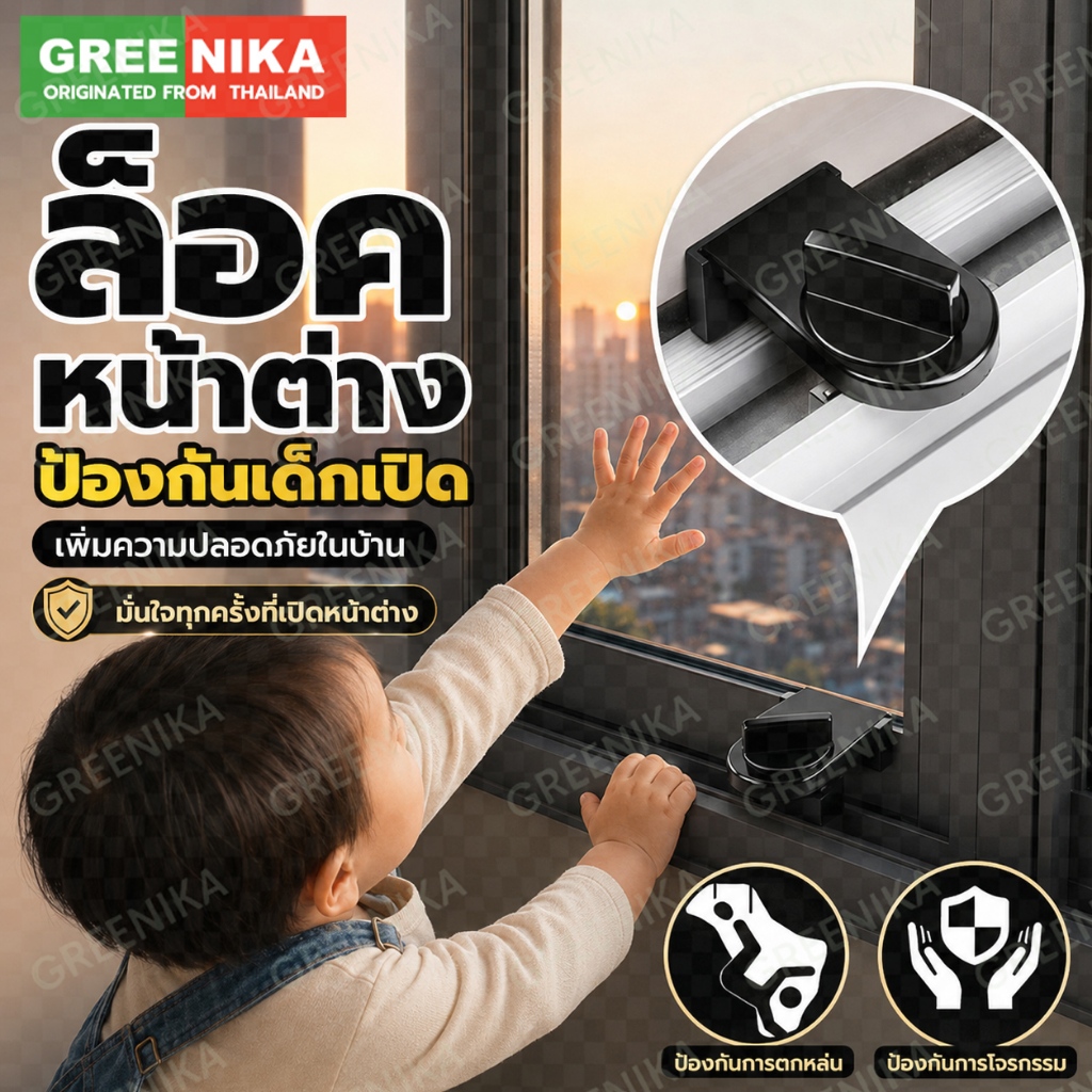 GREENIKA ที่ล็อคหน้าต่าง​​ ที่ล็อบานเลื่อน ไม่หลุด ปลอดภัยก่อน ​ป้องกันโจร​​ ​ป้องกันเด็กตก ล็อคแน่น