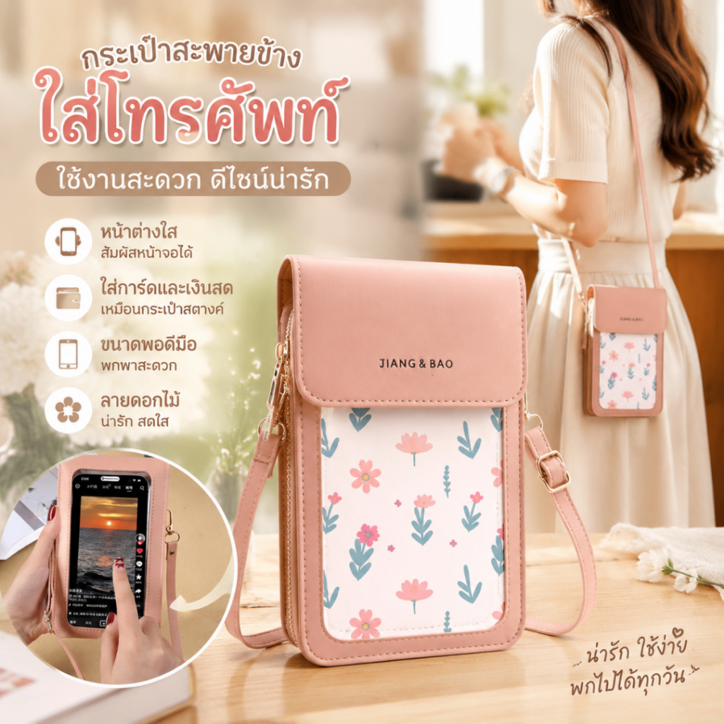 กระเป๋าใส่เหรียญใสแบบสะพายไหล่ข้างเดียวสำหรับโทรศัพท์มือถือหน้าจอสัมผัส