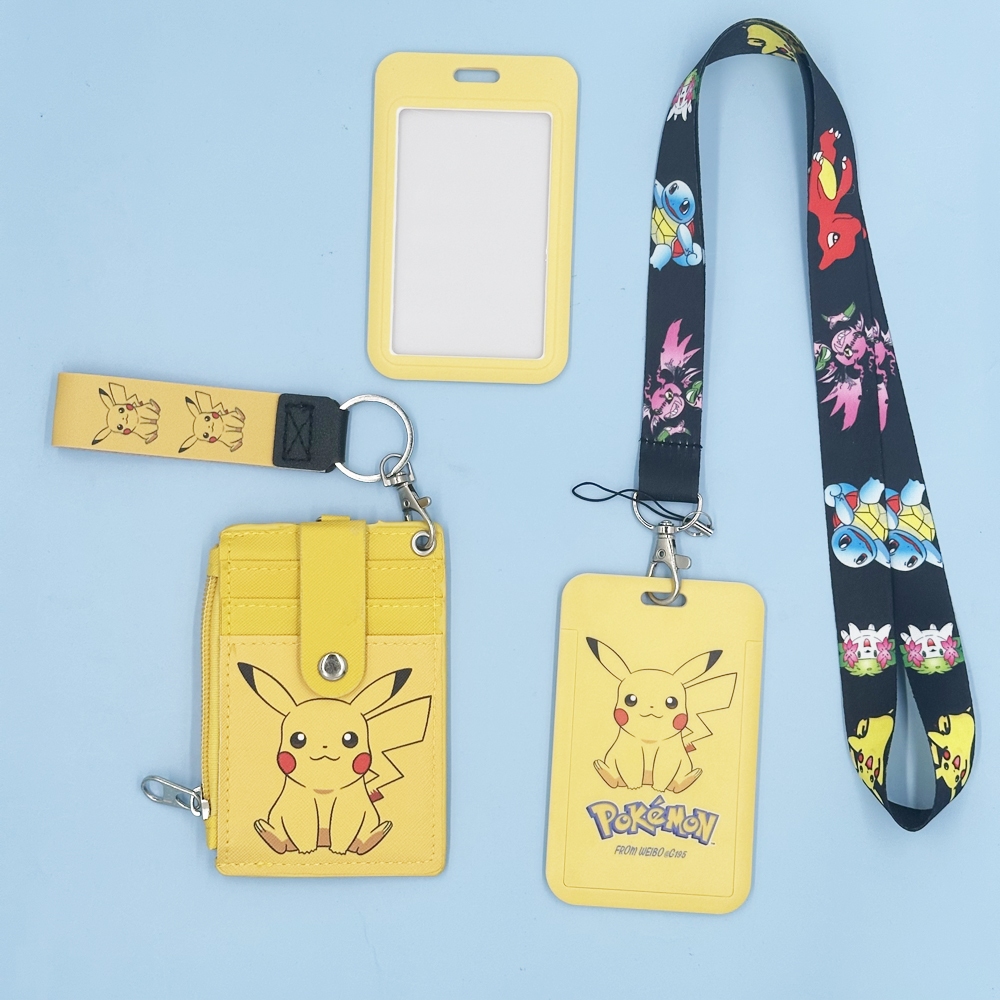 สายการ์ตูน PokeMon,ตัวป้องกันเคสป้าย Pikachu,กระเป๋าซิปกระเป๋าใส่เหรียญคล้องคอสําหรับโทรศัพท์และสลิงกุญแจ