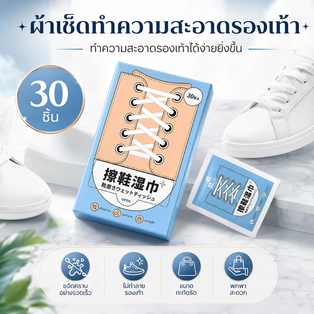 ผ้าเช็ดรองเท้า 30 ชิ้น ทิชชู่เปียกเช็ดรองเท้า ทำความสะอาดรองเท้าผ้าใบ พกพาสะดวก A00152