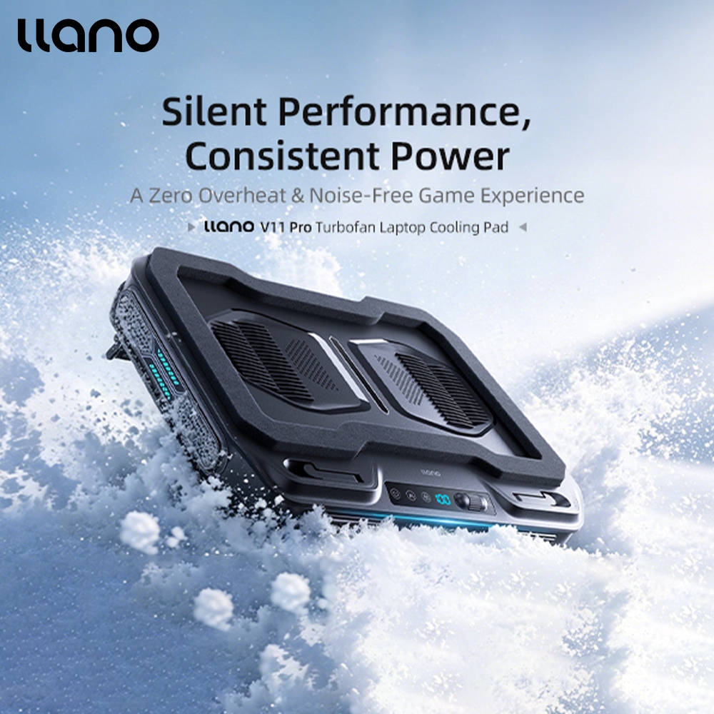 Llano V11 PRO แผ่นทําความเย็นแล็ปท็อปเงียบสําหรับแล็ปท็อป 14-17.3 นิ้ว – พัดลมเทอร์โบ 3000RPM, ฮับ USB 3 อัน, ไฟ RGB, ขาตั้งปรับได้, ประสิทธิภาพเงียบอัพเกรด, แหล่งจ่ายไฟ DC