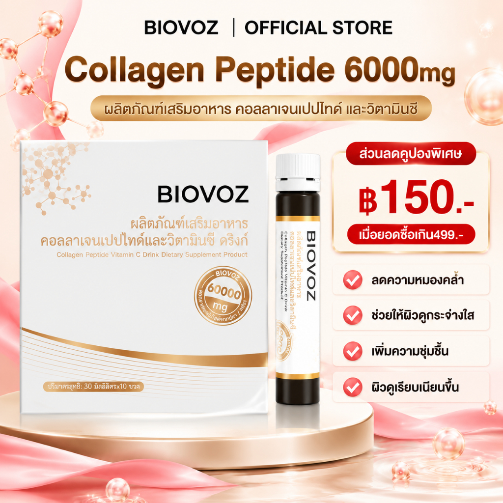 BIOVOZ Collagen 6000mg + วิตามินซี + อีลาสติน | คอลลาเจนความเข้มข้นสูง : ส่งเสริมผิวเรียบเนียน & ลดริ้วรอย (30มล x 10)