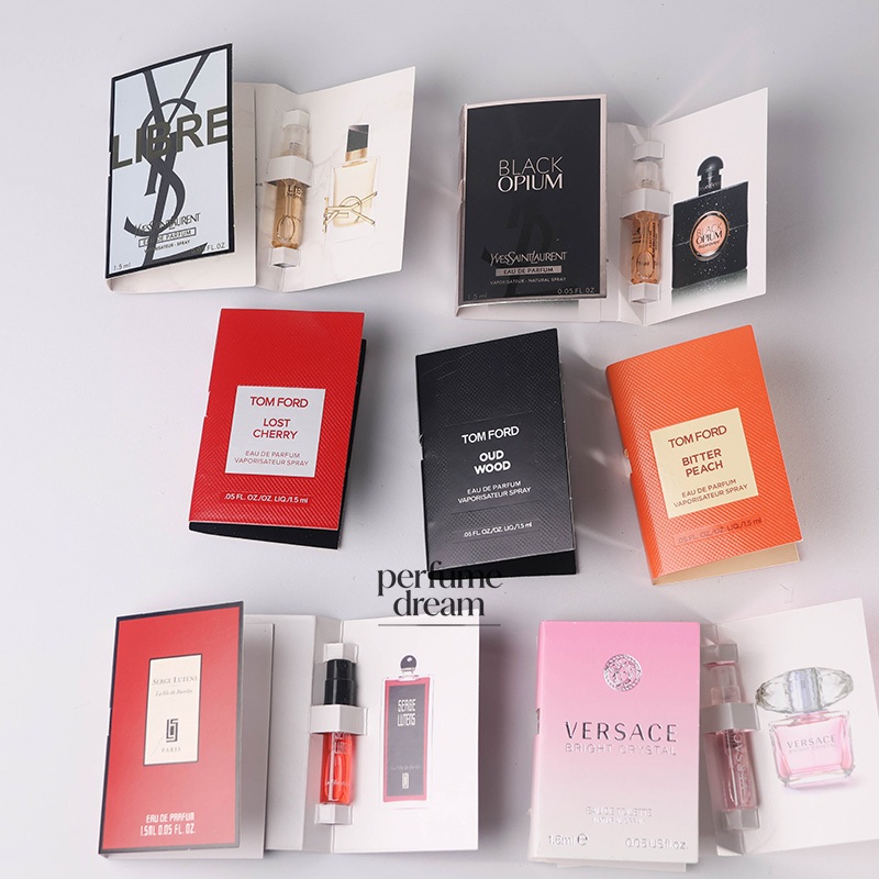 น้ําหอมติดทนนานตัวอย่าง Bright Crystal, Black Opum, Libre, Mon Paris, Lost Cherry, Bitter Peach, Oud Wood, La Fille de Berlin, 1.5ml