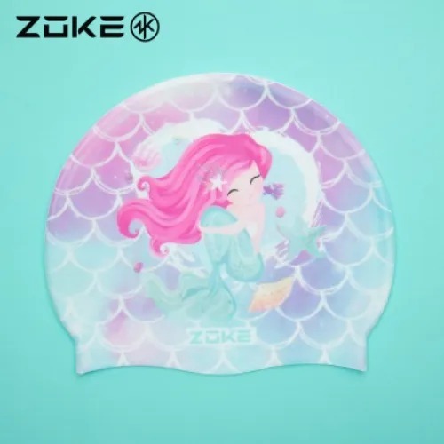 ZOKE ZOKE หมวกว่ายน้ําเด็กสบายไม่บีบหัวว่ายน้ําดูแลเส้นผมป้องกันหูการ์ตูนการแข่งขันสาวถักสีม่วงสีชมพู Pony ดอกไม้เสื้อผ้าความยืดหยุ่นสูง