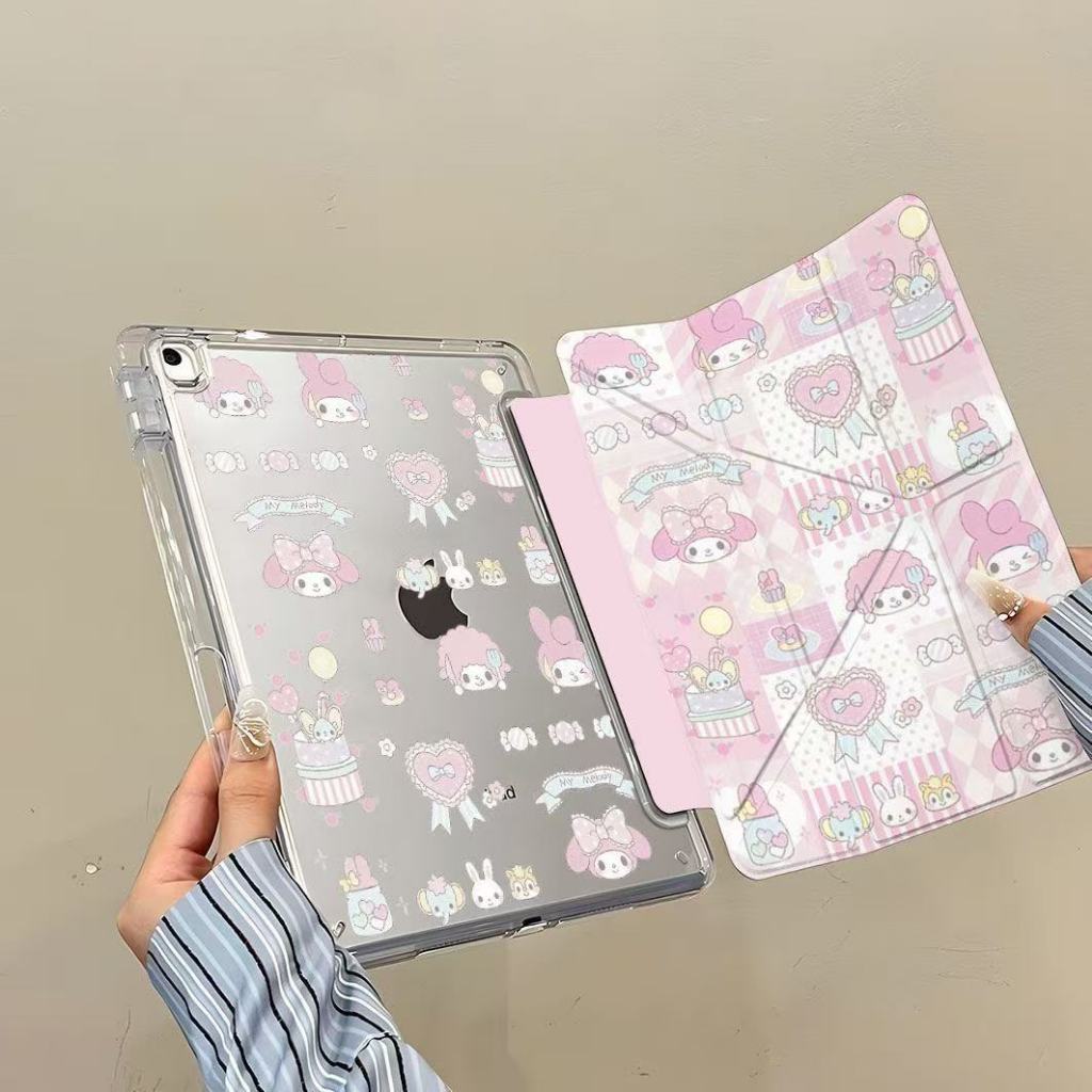 ขายร้อน Kawaii My Melody iPad ฝาครอบ Apple ดินสอสล็อตโปร่งใสหลายมุมสมาร์ทสําหรับ iPad Air 5/4/Pro 11/10.2 นิ้ว Gen7/8/9/10/Mini6/7