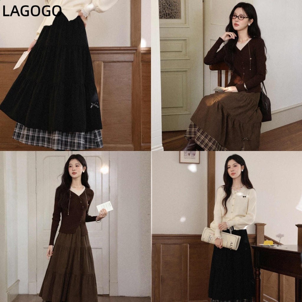 กระโปรงลายสก๊อตแบบญี่ปุ่น CORDUROY สไตล์เอวสูง ทรงSlimmer A-Line กะทัดรัดพร้อมโบว์ knot