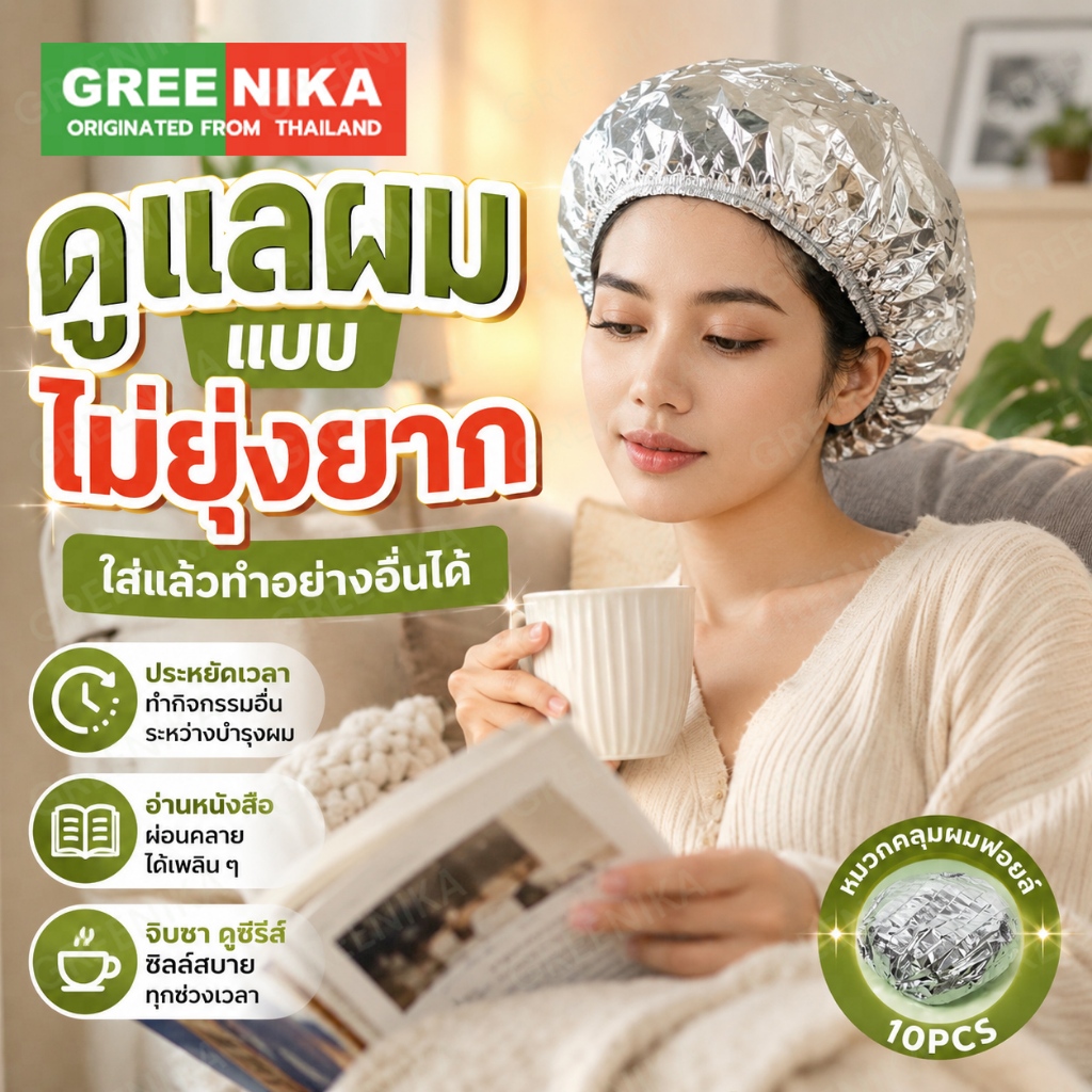GREENIKA หมวกคลุมผมฟอยล์ ให้ความร้อนคงที่ บำรุงผมล้ำลึก เพิ่มการซึมซาบสารอาหารจากมาส์กผม (แพค 50 ชิ้น)