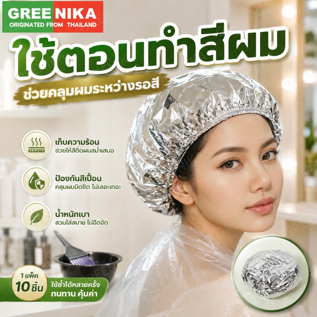 GREENIKA หมวกคลุมผมฟอยล์ อบผม ช่วยให้มาส์กผมซึมซาบดีขึ้น กักเก็บความร้อน (แพค 50 ชิ้น)