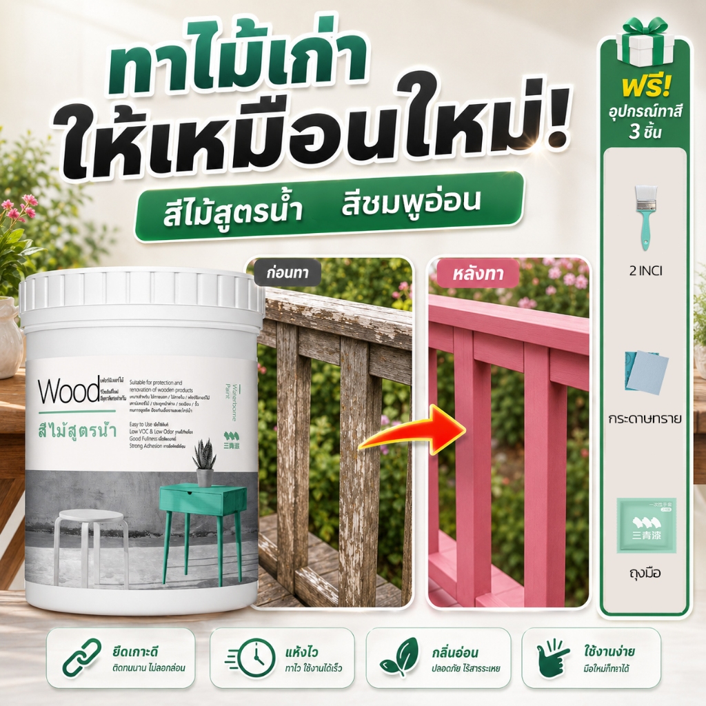 SANQING PAINT ทาไม้ สีน้ำ สีทาเฟอร์นิเจอร์ไม้ สีทาประตูไม้ ตู้ โต๊ะ รีโนเวท กันน้ำ กันเชื้อรา กันปลวก แห้งเร็ว ไร้ฟอร์มาลดีไฮด์ ทาทับได้เลย ใช้ได้ทั้งภายในและภายนอก ส่งจากไทย