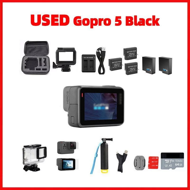 กล้องแอคชั่นหน้าจอคู่ 4K GoPro Hero 5 Black จอสัมผัส LCD พร้อม Wi-Fi GPS สำหรับมอเตอร์ไซค์ กล้องวิดีโอ Go Pro 5 กล้องกีฬากันสั่น มือสอง