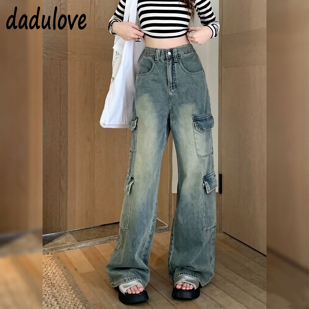 DaDulove2026 กางเกงยีนส์เอวสูงหลวมสไตล์ Cargo ไซส์ใหญ่ ดีไซน์ Multi-pocket สี Vintage ใส่เท่