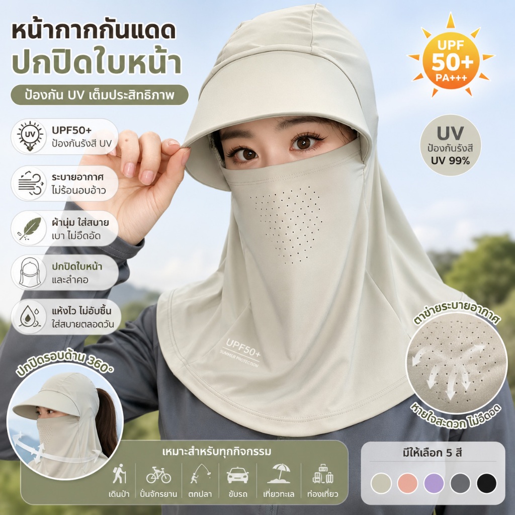 ขึ้น50+ หมวกกันแดดพร้อมคอพนังหน้าปก ไม่จํากัดเพศ ป้องกันรังสียูวีกลางแจ้งขี่จักรยานหมวกตกปลา