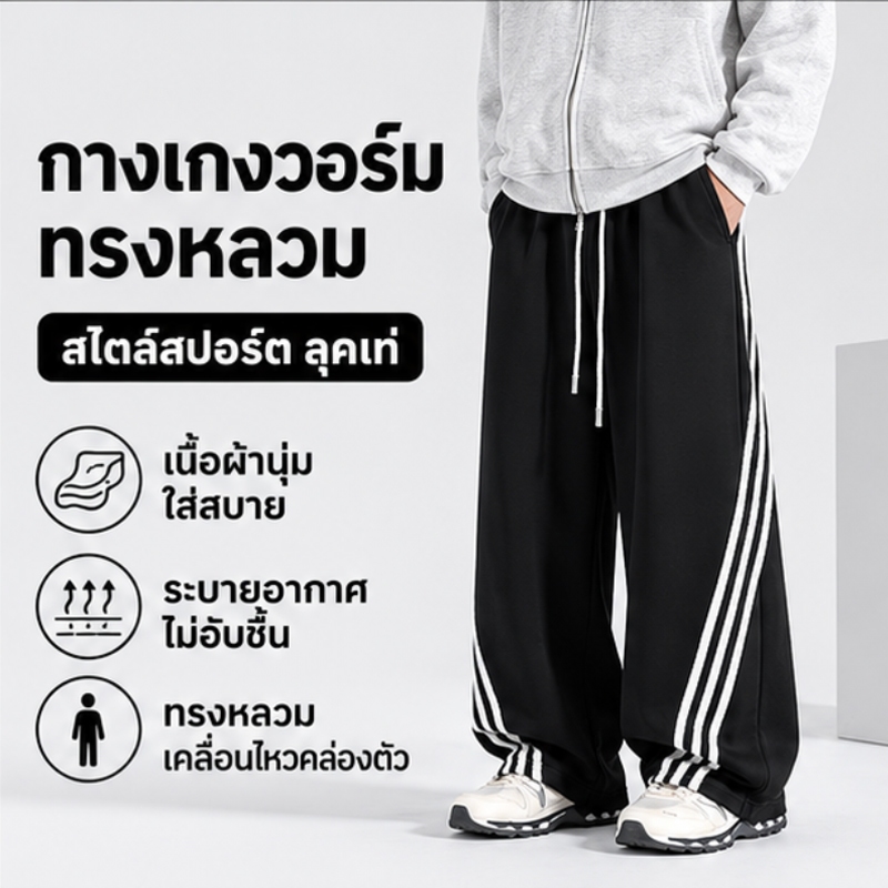 กางเกงขายาวผู้ชาย กางเกง สไตล์สบายๆ ทรงหลวม ลายทาง ทรงขากว้าง ช่วยให้รูปทรงขาดูดีขึ้น สวมใส่ได้ทุกวัน