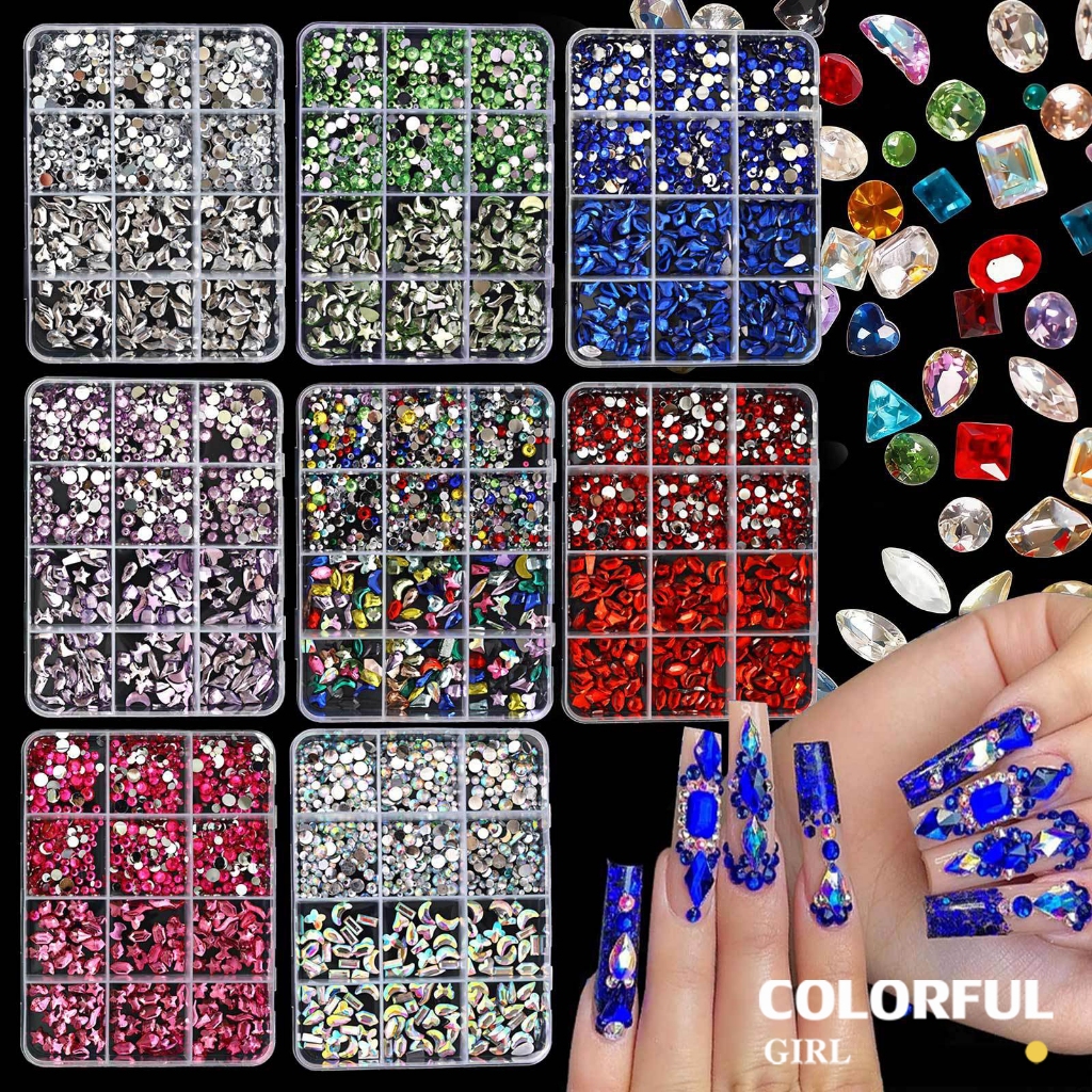 COLORFUL GIRL เพชรติดเล็บ พลอยแต่งเล็บ เกรดพรีเมียม กล่อง 12 ช่อง คริสตัลแต่งเล็บ อะไหล่ทำเล็บ เพชรแฟนซี หลายทรง