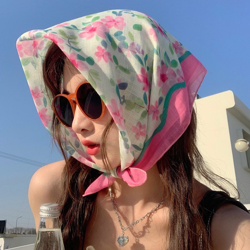 ผ้าฝ้ายผ้าลินินผ้าพันคอสี่เหลี่ยมเล็กผ้าพันคอไหมผู้หญิงฤดูร้อนวรรณกรรมเกาหลีอารมณ์ผ้าพันคอ