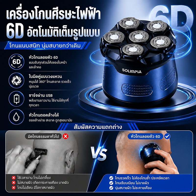 6Dลอยหกใบมีดหัวล้านเครื่องIPX7กันน้ําเปียกแห้งDual-ใช้USBชาร
