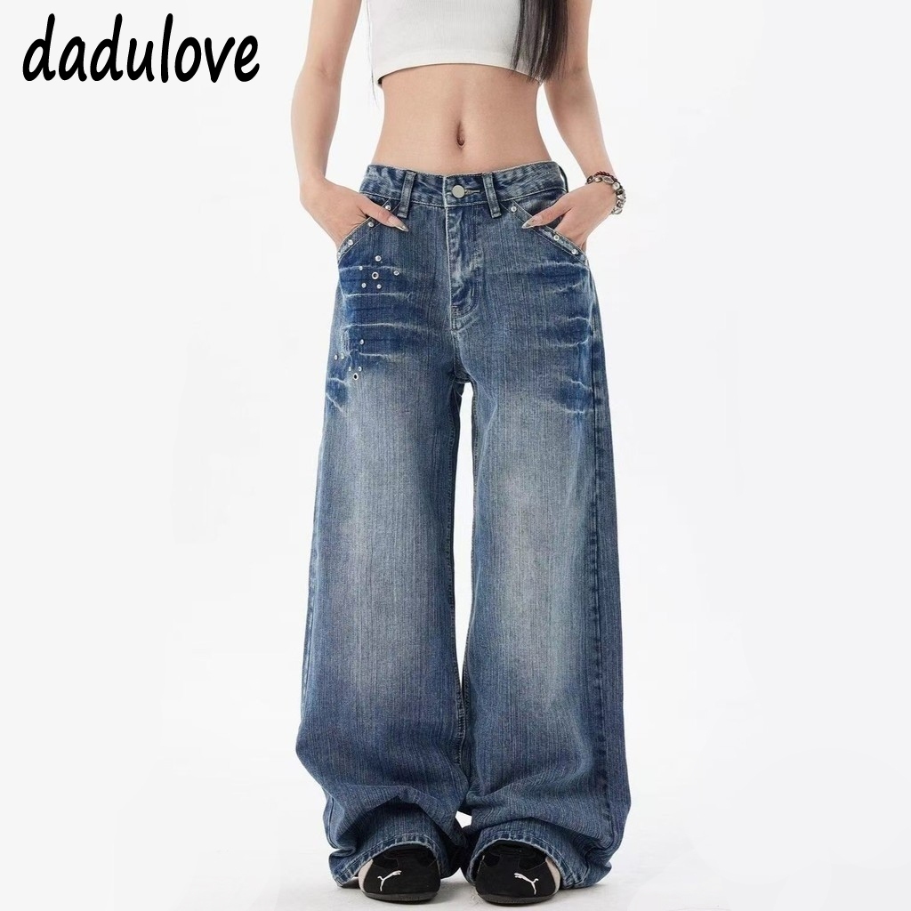 DaduLove กางเกงยีนส์เอวสูง ทรงหลวมสไตล์ Vintage ผ้าฝ้ายซักน้ำ ติดหมุดประดับ Streetwear ใส่เที่ยวสบายๆ