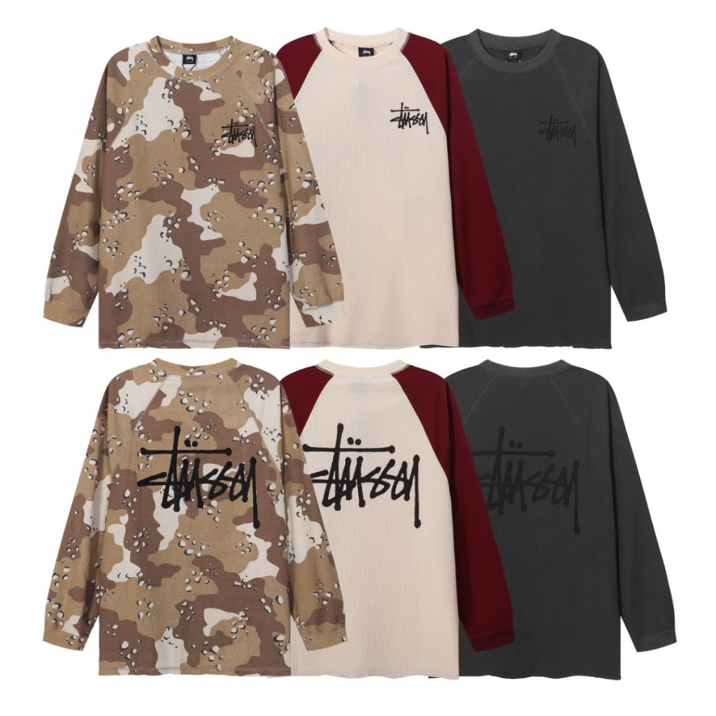 วาฟเฟิลถัก Raglan เสื้อยืดแขนยาวขนาดใหญ่ Unisex Graffiti พิมพ์ Casual Street Top หลากสี
