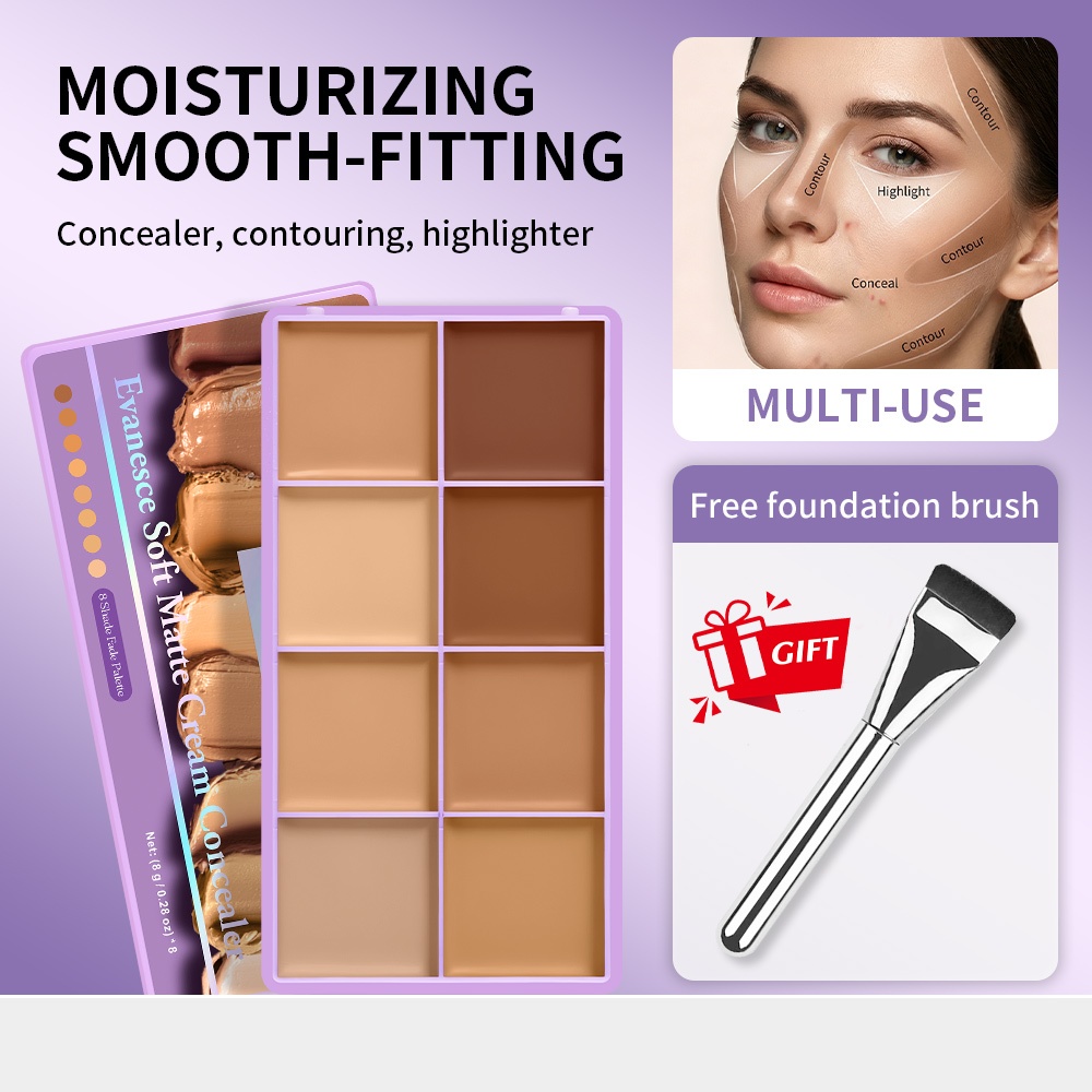 8 เฉดสี Soft Matte Cream คอนซีลเลอร์ Palette Multi-use ปกปิด Contour Highlight ชุดแต่งหน้าฟรี Flat Foundation แปรงกันน้ําติดทนนาน Full Coverage Face Makeup Kit
