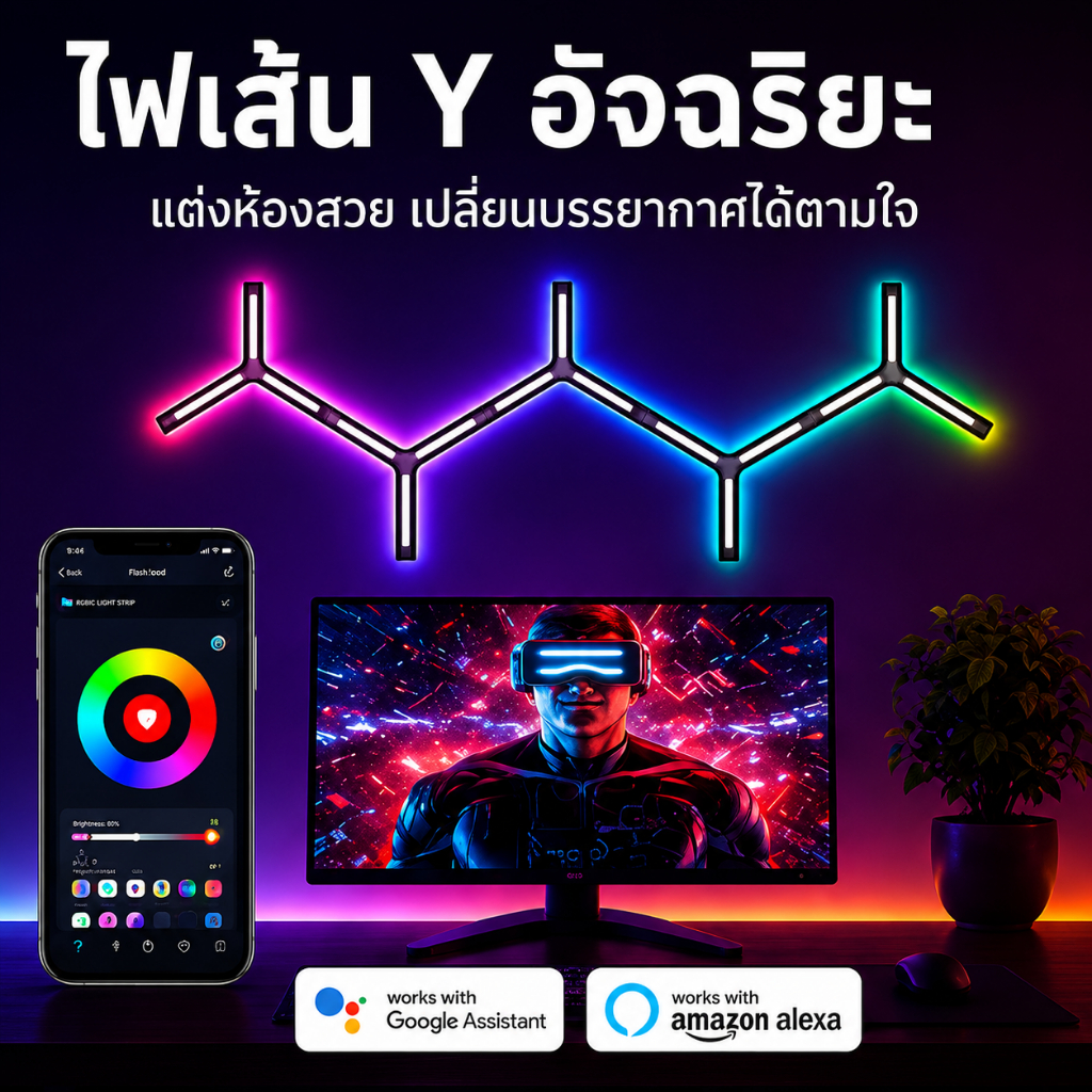 โคมไฟติดผนัง LED, ไฟเล่นเกม Wi-Fi อัจฉริยะพร้อมซิงค์เพลง, ฟังก์ชั่น DIY และตัวจับเวลา, ไฟ LED สําหรับห้องเกม, ไฟติดผนัง 7 แพ็ค