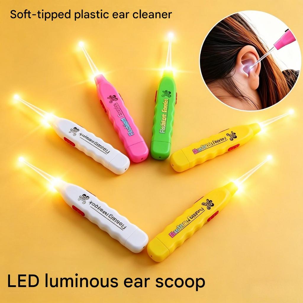 3In1 Baby Ear Pick ไฟ LED พลาสติกอ่อน Tip Ear Wax Remover ทําความสะอาดช้อนที่มองเห็นได้ที่ถอดออกได้ล้างทําความสะอาดได้สําหรับเด็กผู้ใหญ่ปลอดภัย Gentle Care 13 ซม.ยาว
