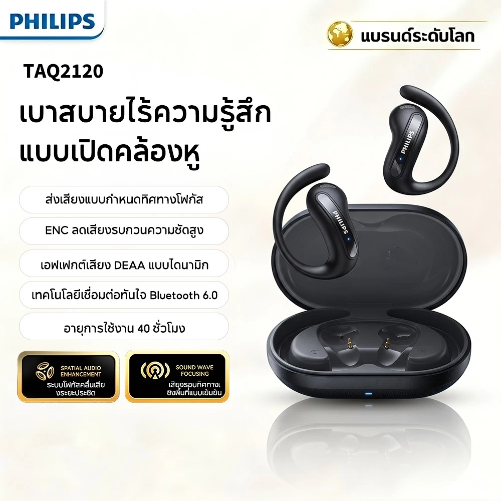 Philips TAQ2120 หูฟังบลูทูธแบบเปิดหู แบบหนีบหู พร้อมเทคโนโลยีกระดูกกะโหลก ปี 2026 รุ่นล่าสุด เหมาะสำหรับการออกกำลังกายและฟังเพลง พร้อมระบบลดเสียงรบกวนขณะคุย