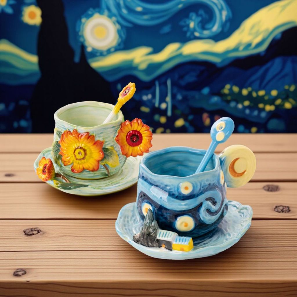 ถ้วยกาแฟเซรามิค ลายวานโก๊ะ มือวาดสไตล์ยุโรป เรโทร High‑End ประณีต ลายสีใต้เคลือบ ถ้วยชา ถ้วยน้ำดื่ม