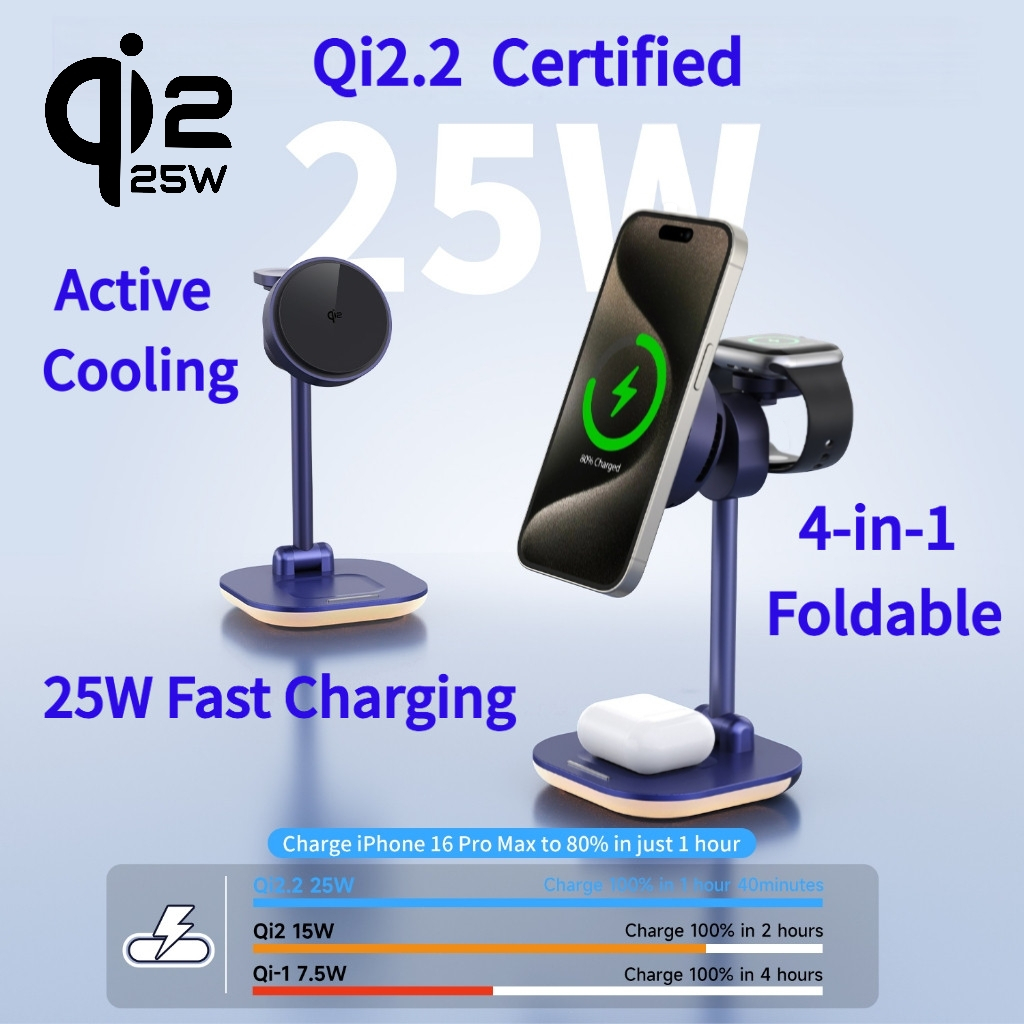 Qi2.2 25W แท่นชาร์จไร้สาย Foldable+Active Cooling 4-in-1 Wireless Charging Station