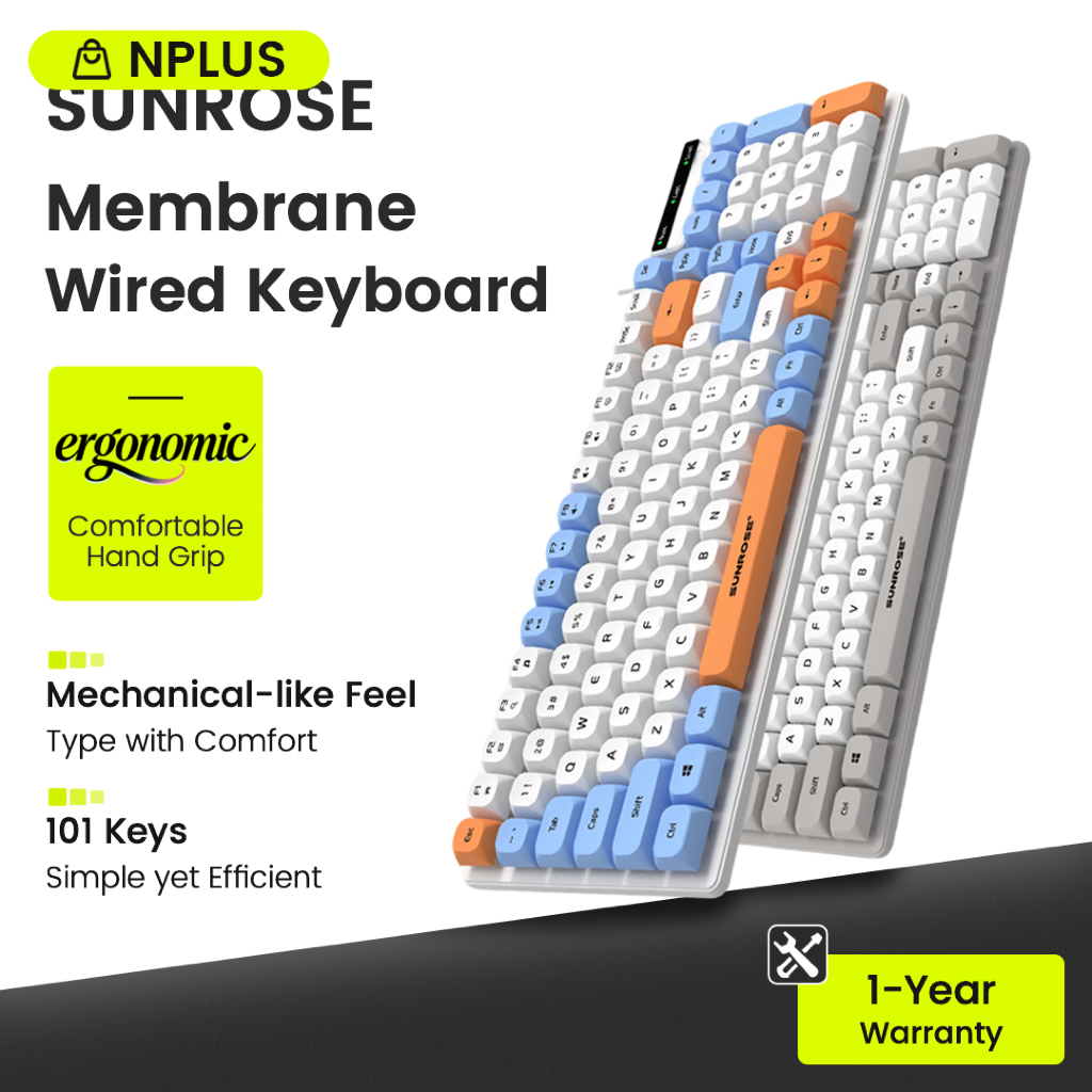 SUNROSE คีย์บอร์ดแบบมีสาย 101 ปุ่ม Wired Keyboard คีย์บอร์ด USB แป้นพิมพ์มีสาย คีย์บอร์ดเกมมิ่ง คีย์บอร์ดสำนักงาน คีย์บอร์ดเมมเบรน คีย์บอร์ดเลียนแบบแมคานิคอล