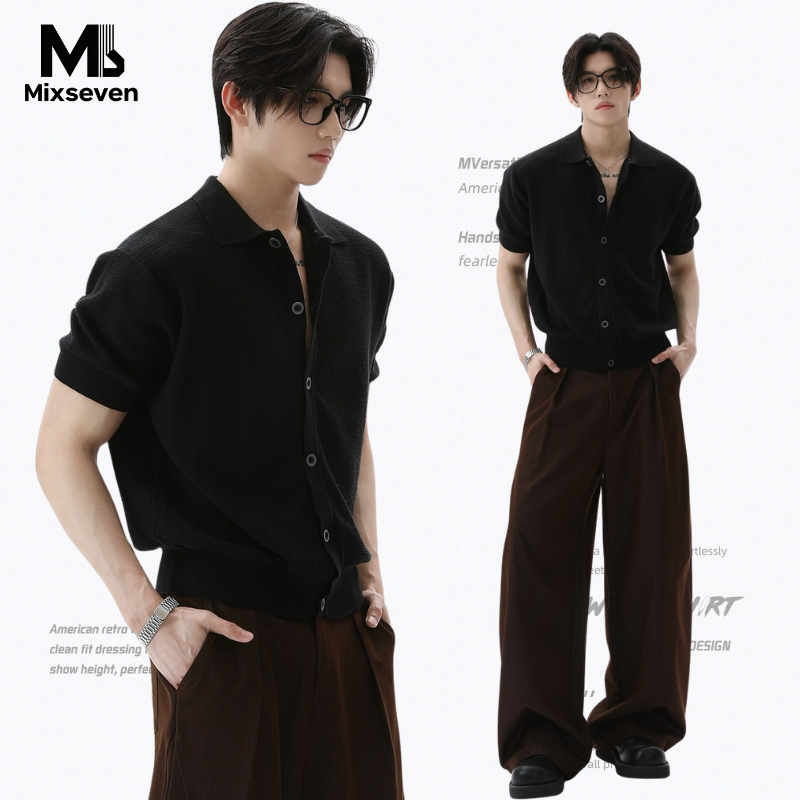 MIXSEVEN-เสื้อโปโลผู้ชายแขนสั้น สีดำ ผ้าถักระบายอากาศ ทรงสวยเก็บเอว ดีไซน์เรียบหรู สไตล์เกาหลี ใส่ไม่ร้อน M-3XL