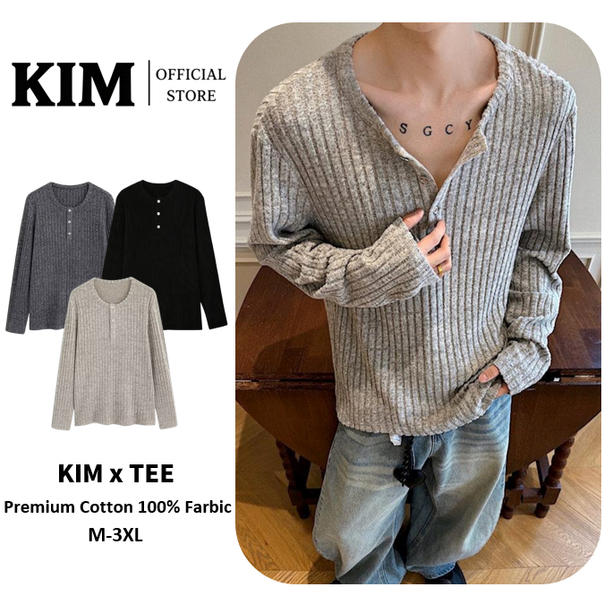 Ribbed Henley Tee เสื้อยาวผู้ชายลายร่องแนวตั้ง คอปกกระดุมครึ่ง ผ้าคอตตอนยืดหยุ่น มี3สี เทาอ่อน/เทาเข้ม/ดำ Size M-3XL