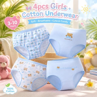 【ส่งด่วน】👧 4 ชิ้นชุดชั้นในผ้าฝ้ายสําหรับสาวน่ารักกระต่ายหมีพิมพ์กางเกงสําหรับเด็กขนาด 3-10 ปี
