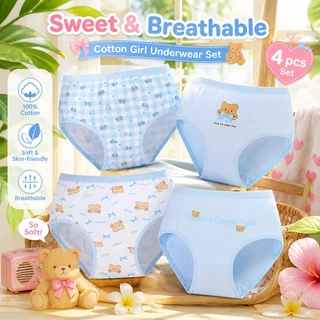 【ส่งด่วน】👧 4 ชิ้นชุดชั้นในผ้าฝ้ายสําหรับสาวน่ารักกระต่ายหมีพิมพ์กางเกงสําหรับเด็กขนาด 3-10 ปี