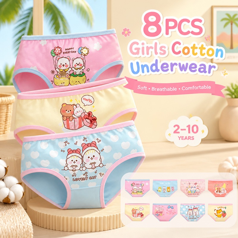 【ส่งด่วน】👧 8ชิ้น กางเกงในขาสั้นเด็กผู้หญิง ลายเงือกน่ารัก ผ้าฝ้าย100% นุ่มระบายอากาศ ไม่อึดอัด เด็กสาว 3-12ปี