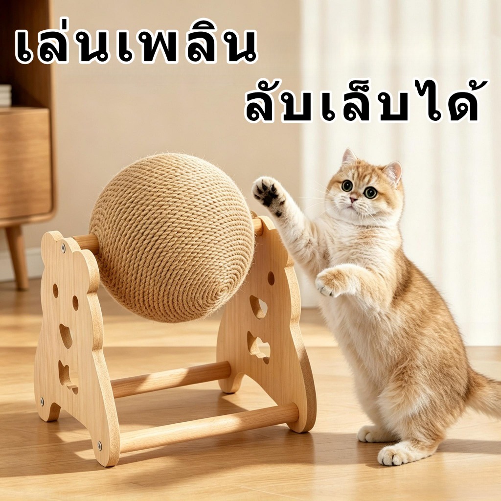 ลูกบอลลับเล็บแมวแบบตั้งพื้น เสื่อลับเล็บแมว ทำจากใยมะพร้าวและไม้เนื้อแข็ง แข็งแรงทนทาน ไม่หลุดร่วง ช่วยคลายความเบื่อหน่าย และลับกรงเล็บได้ดี
