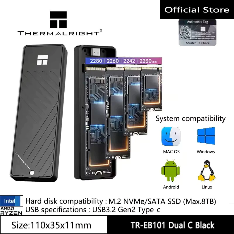 Thermalright กล่อง SSD M.2 NVMe SATA Enclosure 10Gbps USB3.2 GEN2 อะลูมิเนียมเต็มตัว ระบายความร้อนสูง รองรับ M Key B Key สำหรับโน้ตบุ๊ก มือถือ PS5 TR-EB101 สีดำ