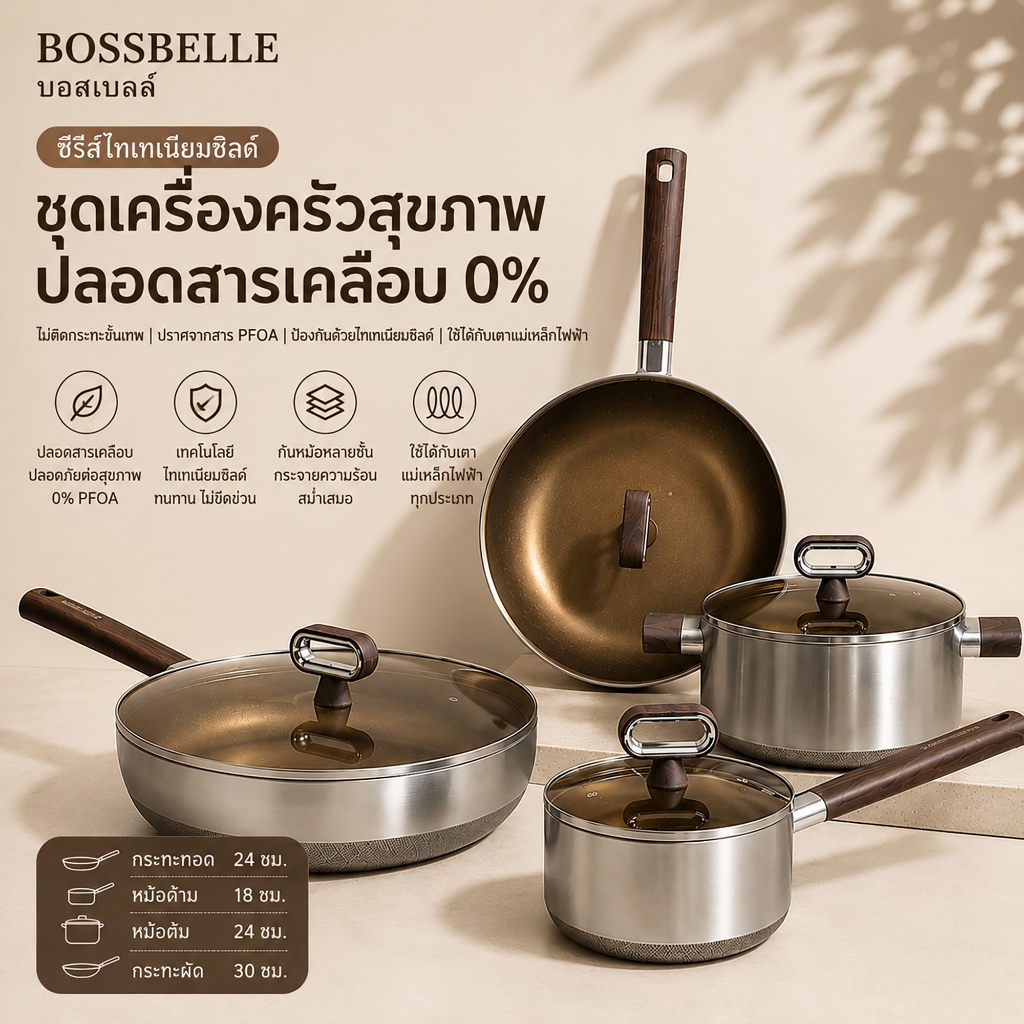 BOSSBELLE - ชุดเครื่องครัวโล่ไทเทเนียม กระทะนอนสติ๊ก กระทะหม้อสต็อก-3111