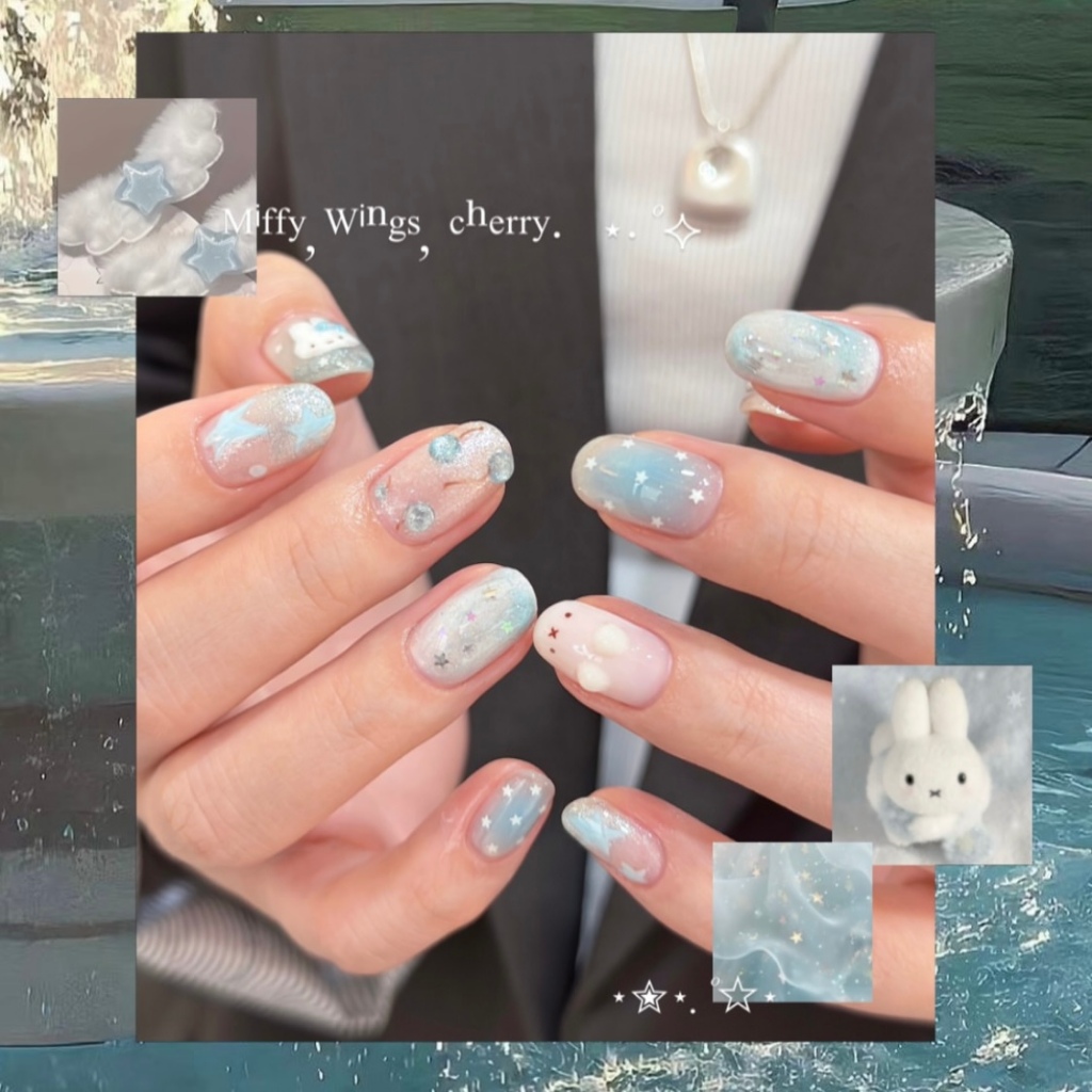Wishcore Green Apple Nails Patch Aqua Blue Cat Eye Gradient y2k Summer Nails Patch