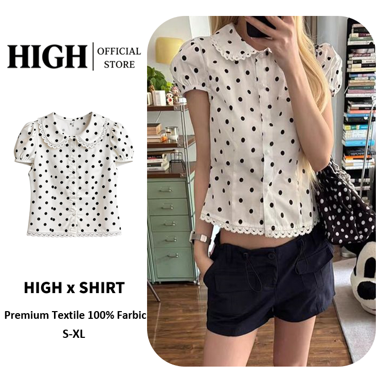 เสื้อเชิ้ตผู้หญิงลายจุด แขนฟอง คอปกปักลูกไม้ สไตล์ฝรั่งเศสหวานๆ เอวรัด ขนาด S-XL